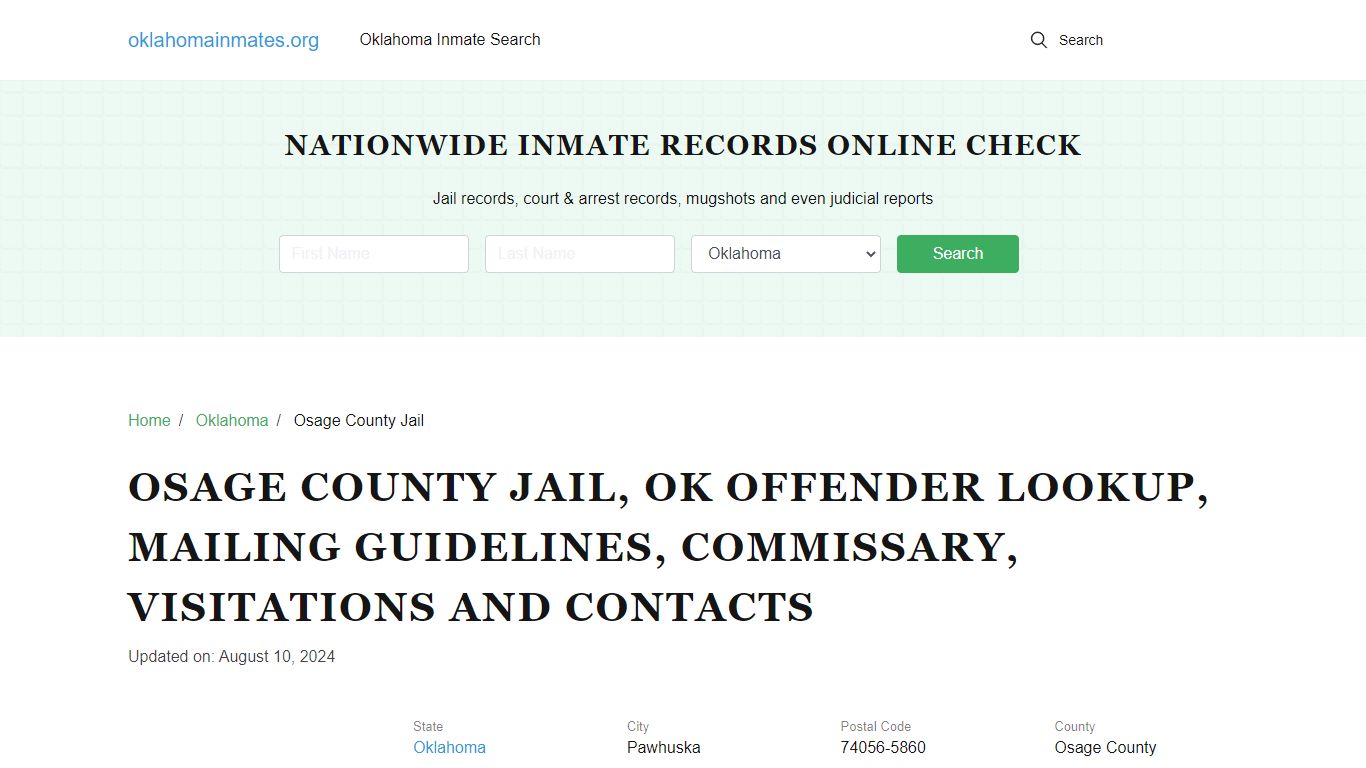 Osage County Jail, OK: Inmate Search Options, Visitations, Contacts